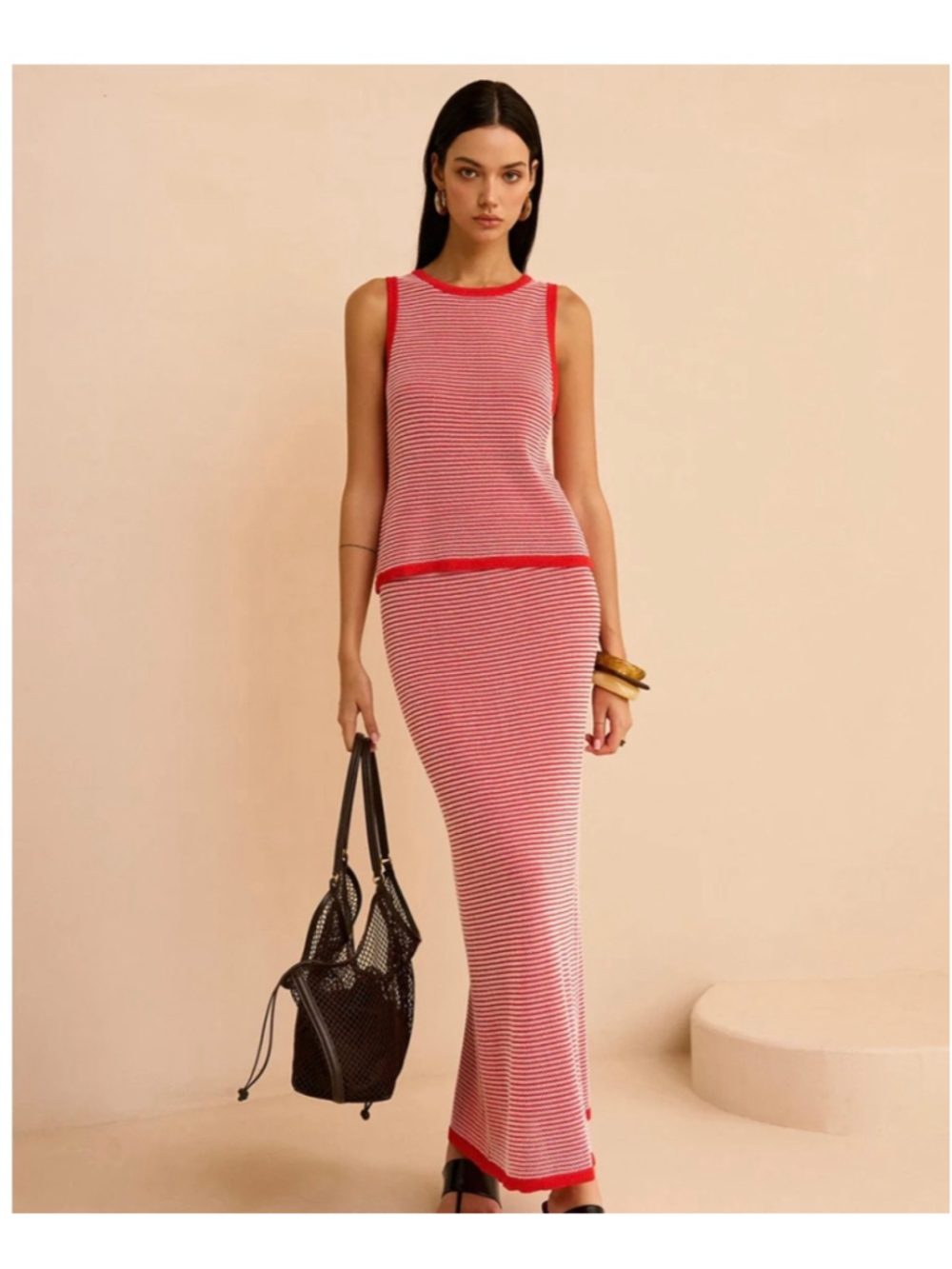 COMMENSE Red and White Striped Knit Skirt Set M Minimalist Resort Euro Cruise